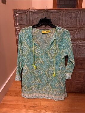 Rock Flower Paper Women's Teal Patterned V-Neck Tunic with Tassel Ties